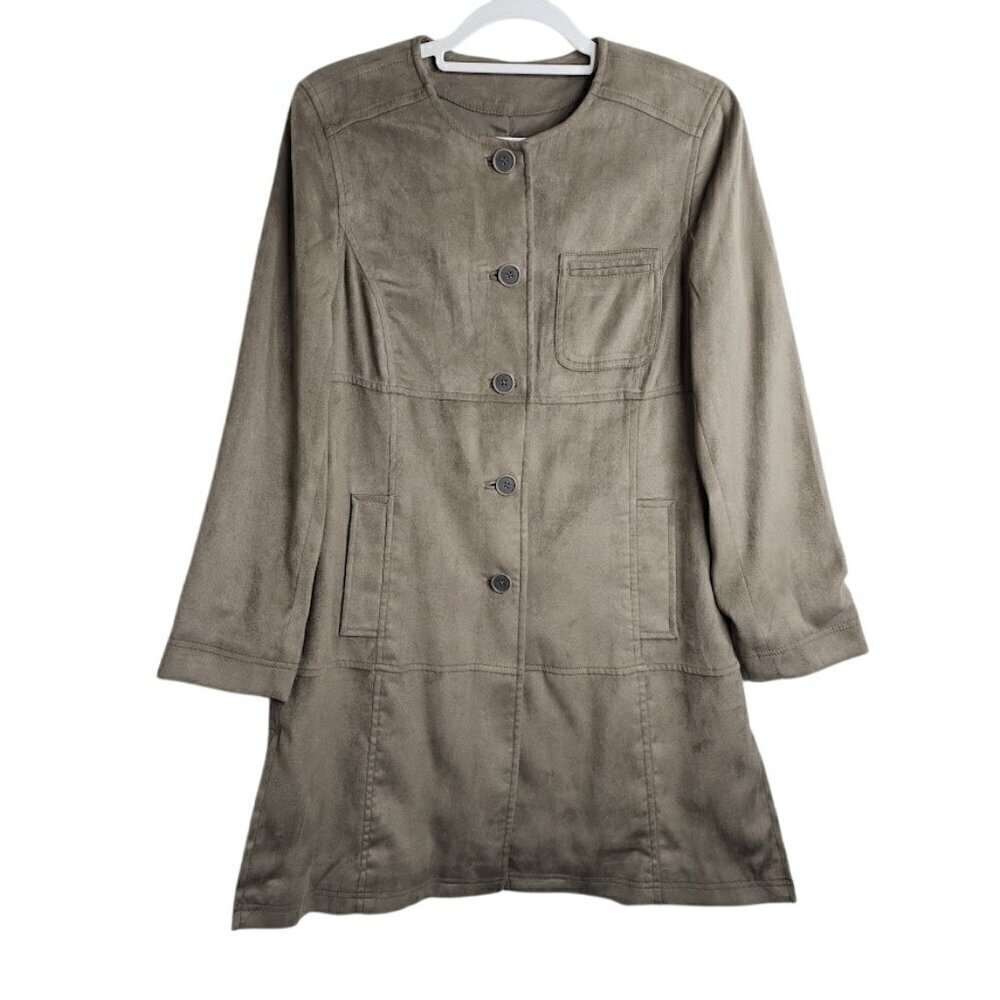 J Jill Faux Suede Jacket size XS GRAY BEIGE TAUPE Preppy Long Shacket Shirt Chic
